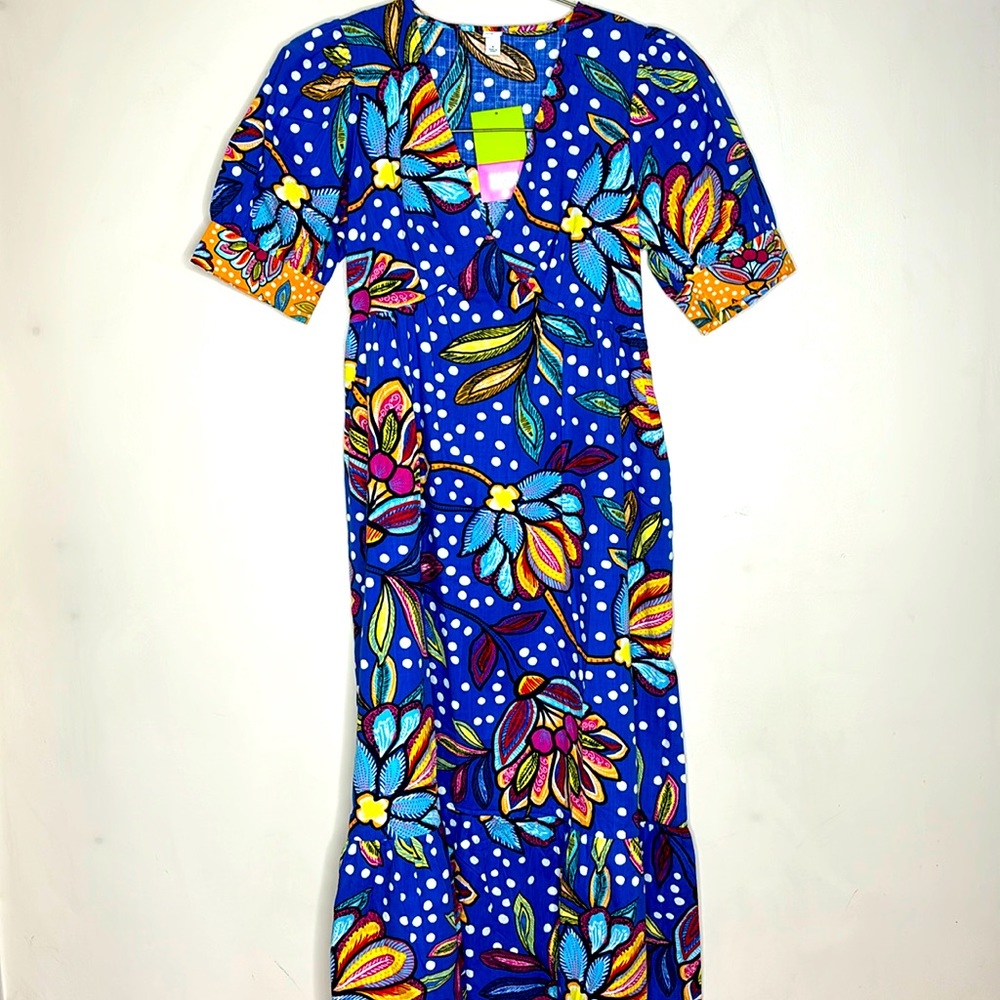 Tabitha Brown | Blue Floral Polka Dot Maxi Dress V-Neck Mixed Pattern Dress NWT